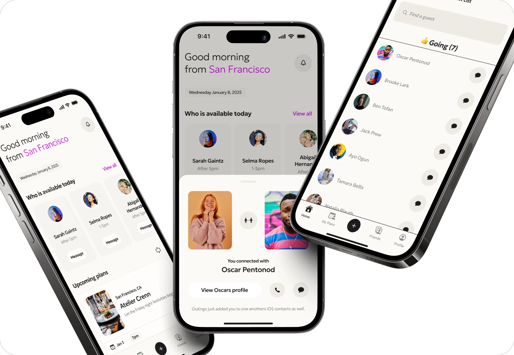 Able.ai on three phones: who's free today, a new connection and a friends list
