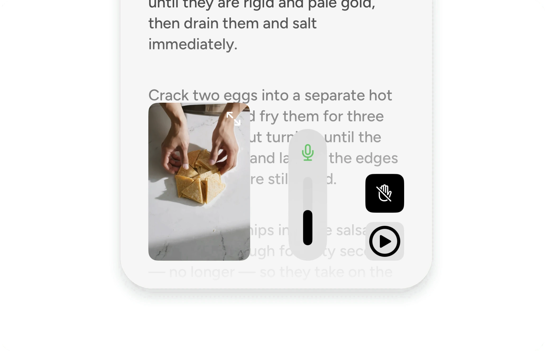 A recipe step on a phone, with the listening meter lit beside the text