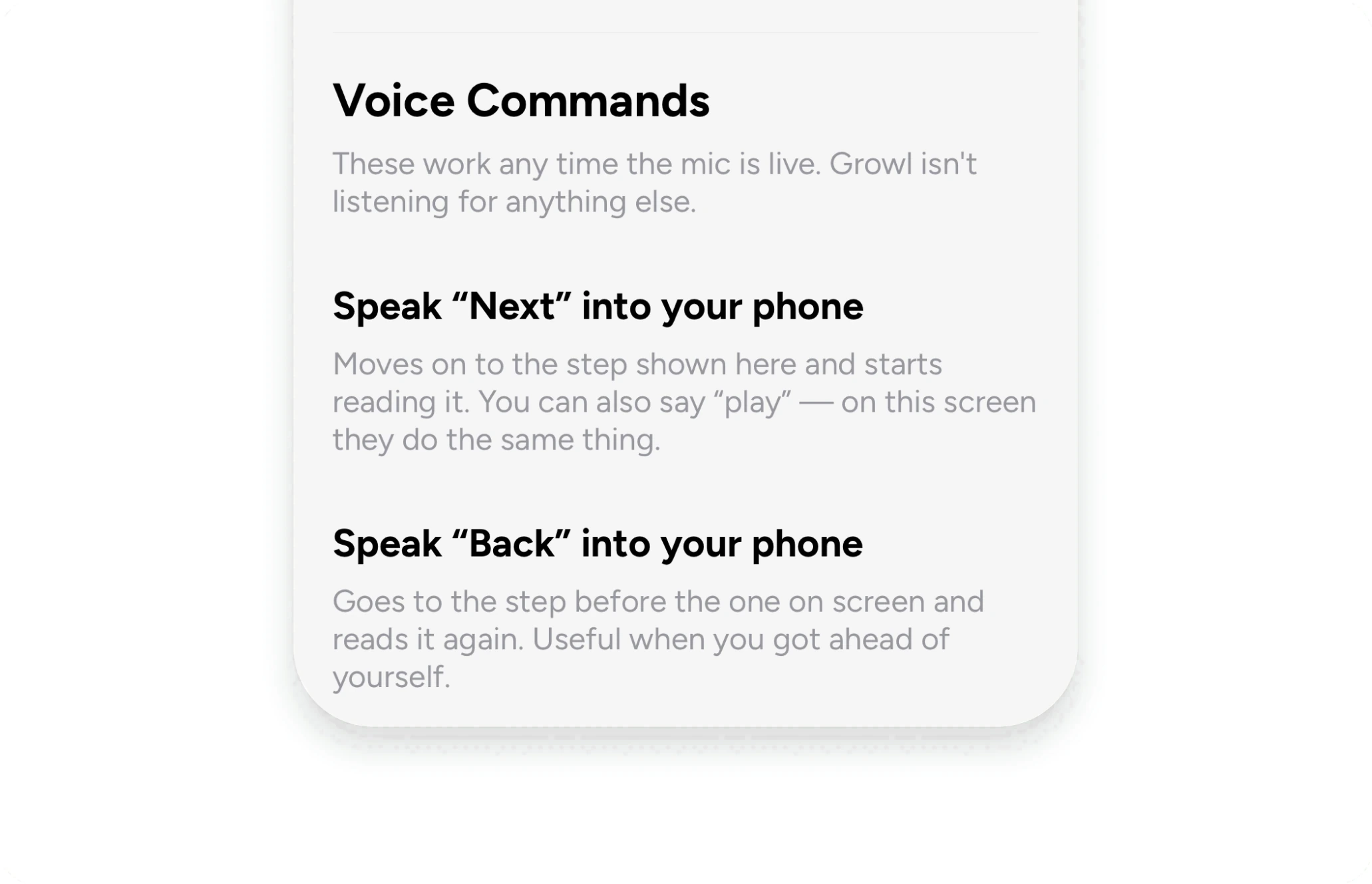 The voice commands sheet: what "next" and "back" do, and when the mic is live
