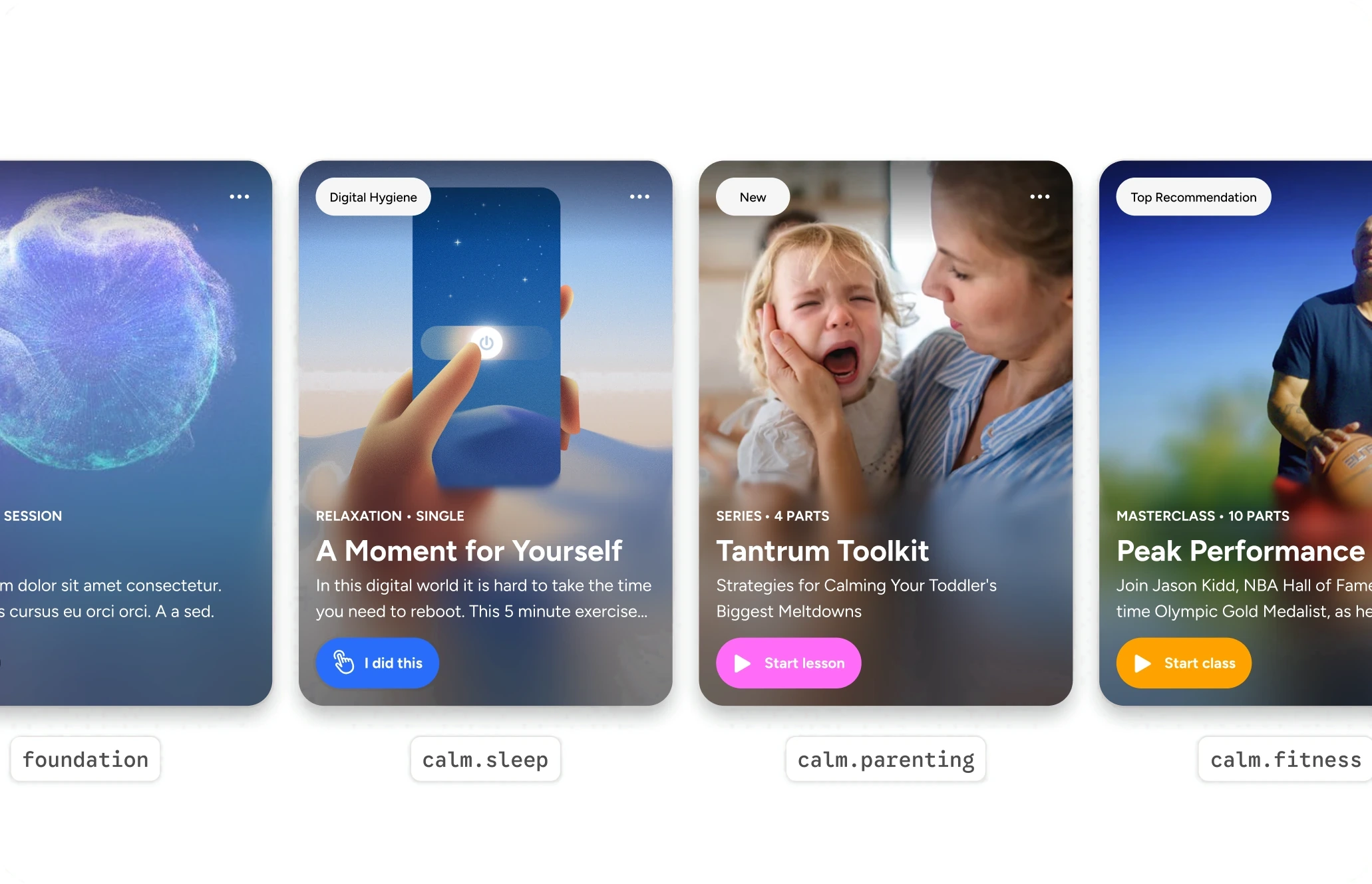 The same content card four times, themed as foundation, calm.sleep, calm.parenting and calm.fitness