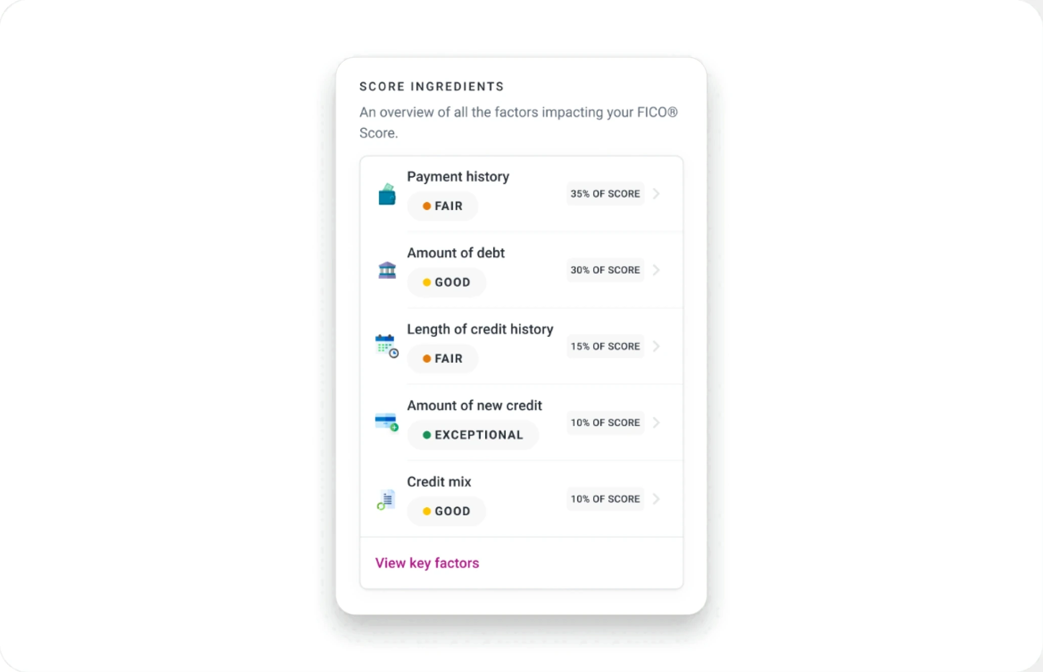 Score ingredients: payment history, amount of debt, length of credit history, new credit and credit mix, each rated and weighted