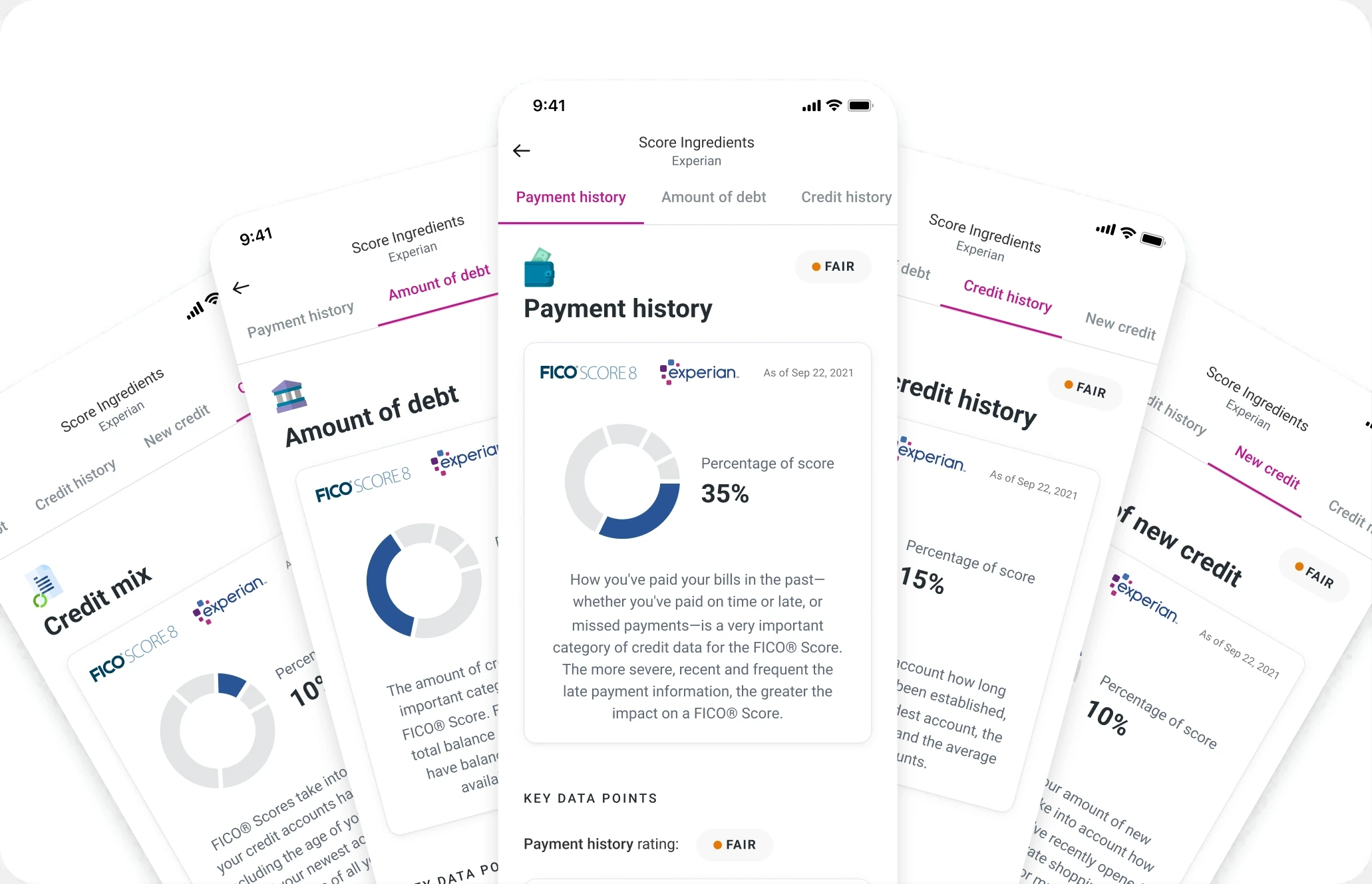 Five score-ingredient detail screens fanned out behind one another