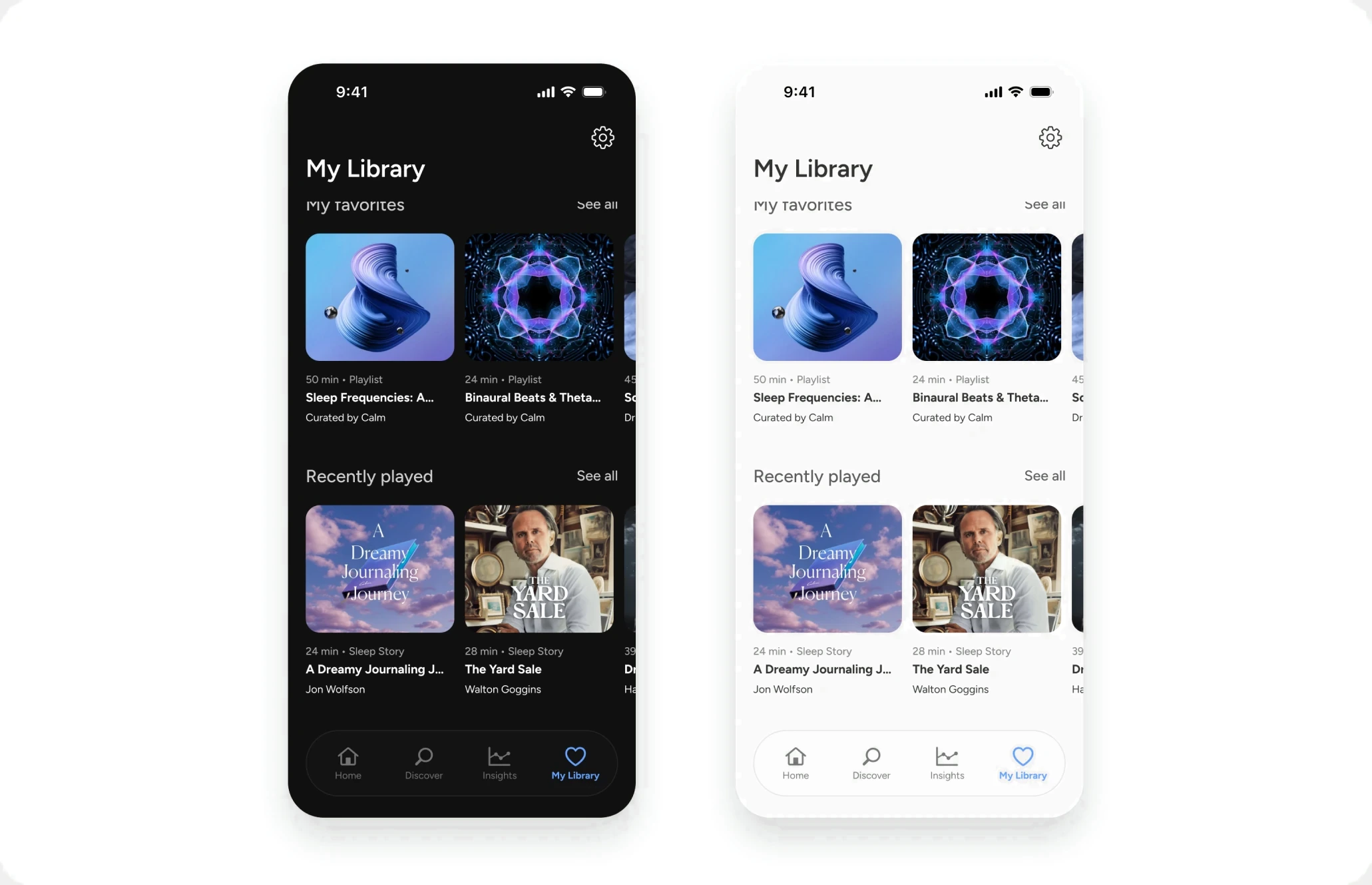 The library screen in its night and day treatments, side by side