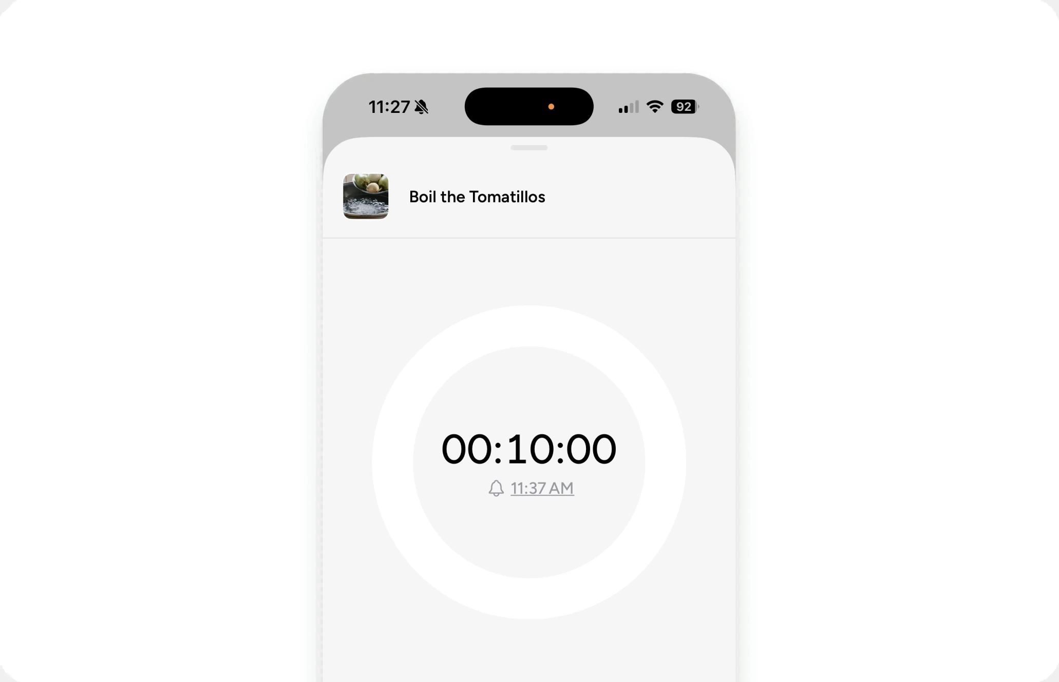 A step's timer sheet for Boil the Tomatillos, counting down from 10 minutes and showing when it ends