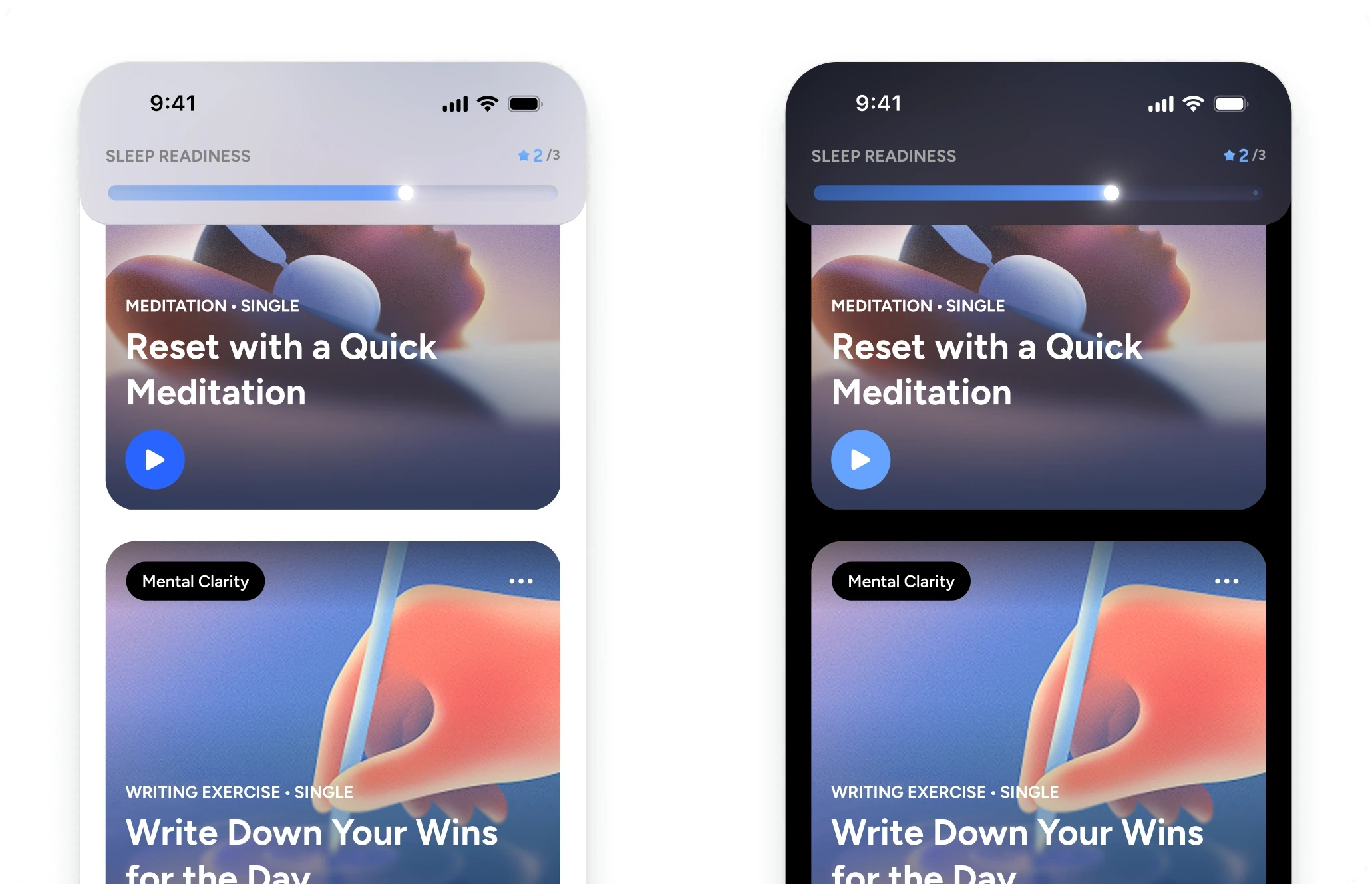 Calm Sleep's home screen side by side in light and dark