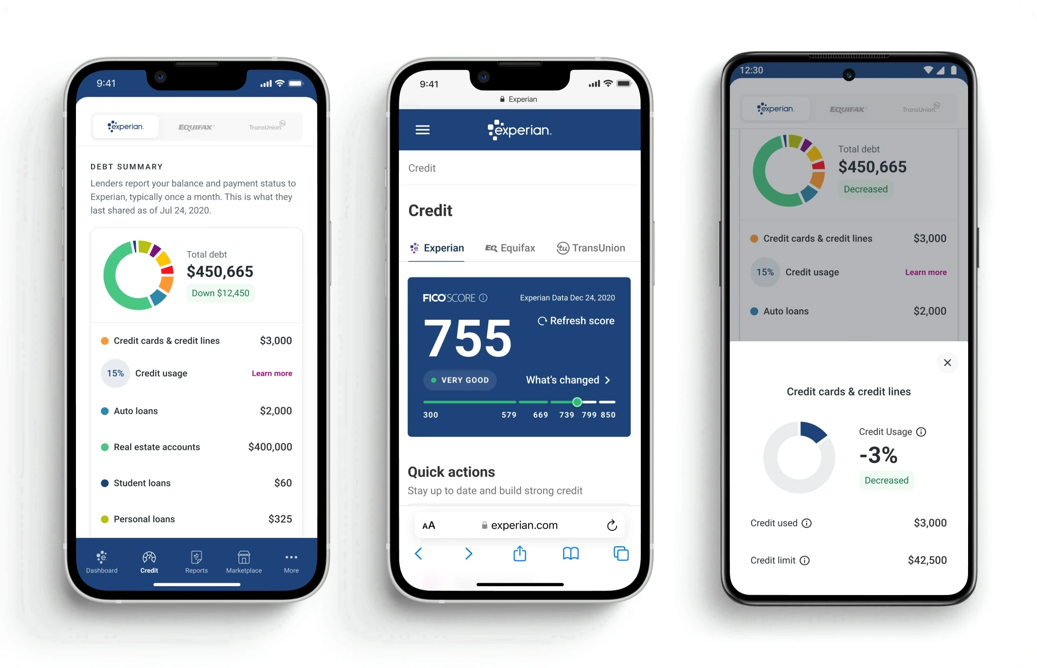 The Credit tab on iPhone, mobile web and Android, each showing the bureau switcher