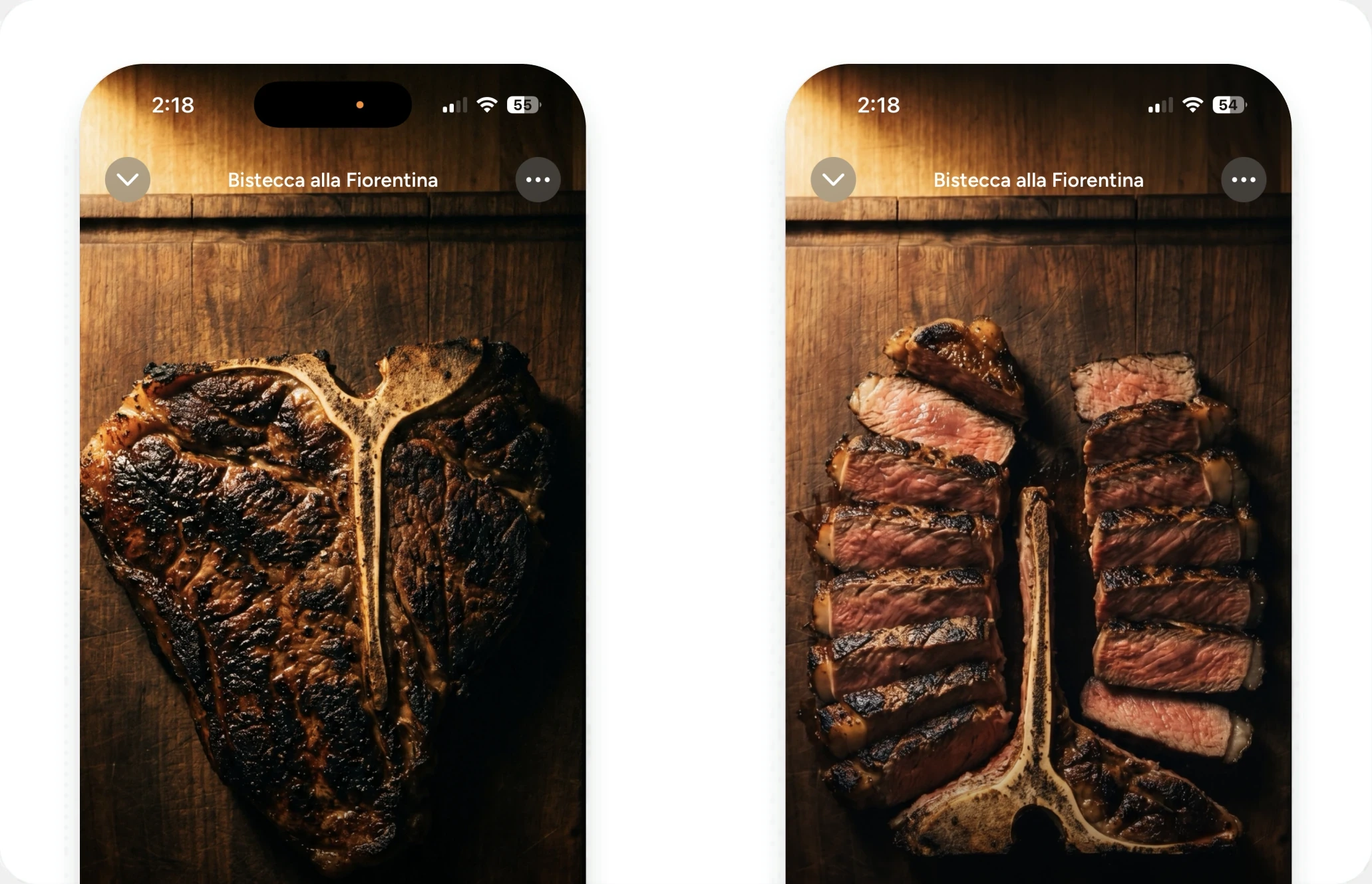 A steak shown as two stills, whole and then sliced