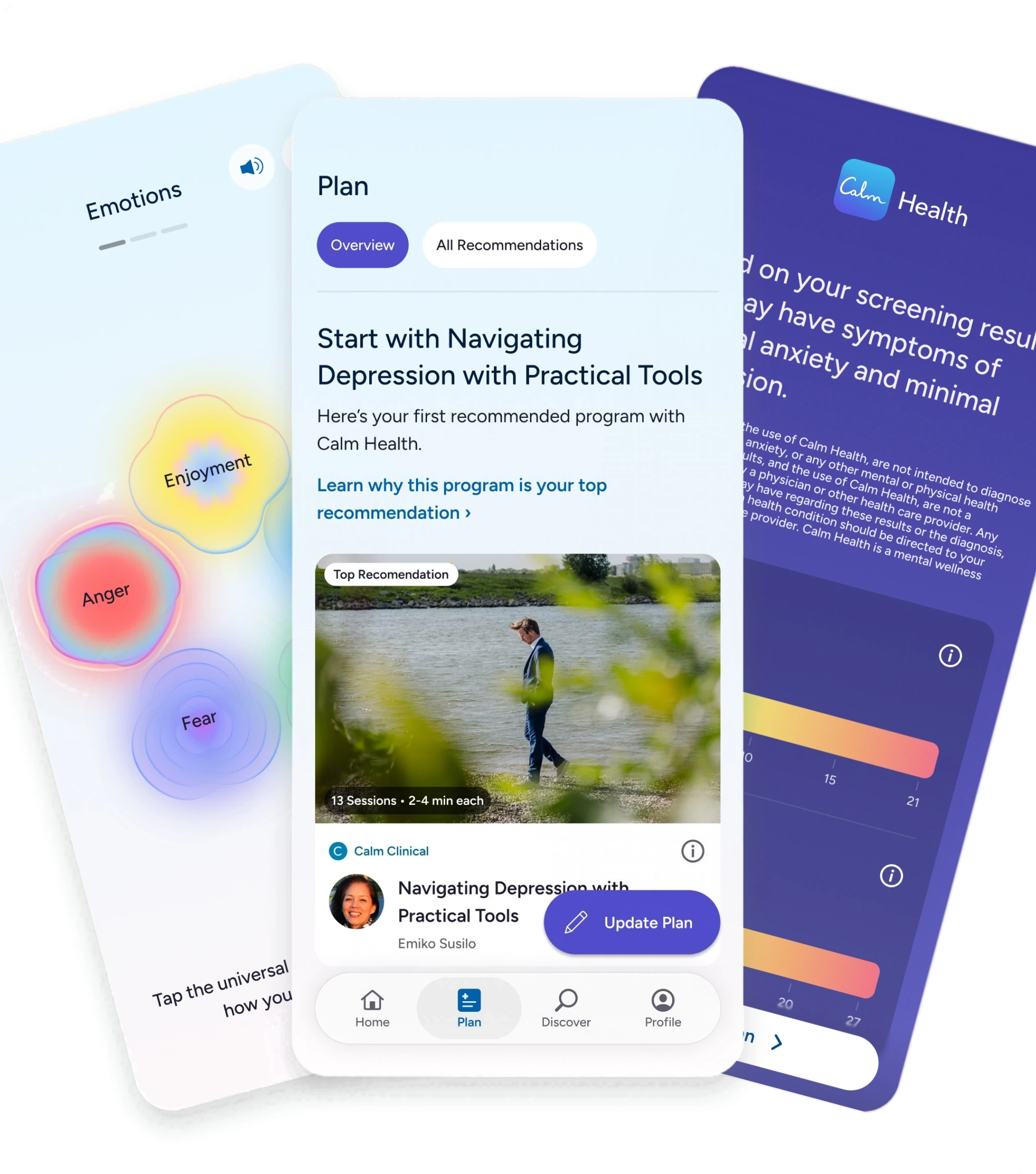 Calm Health screens built on the foundation, fanned out