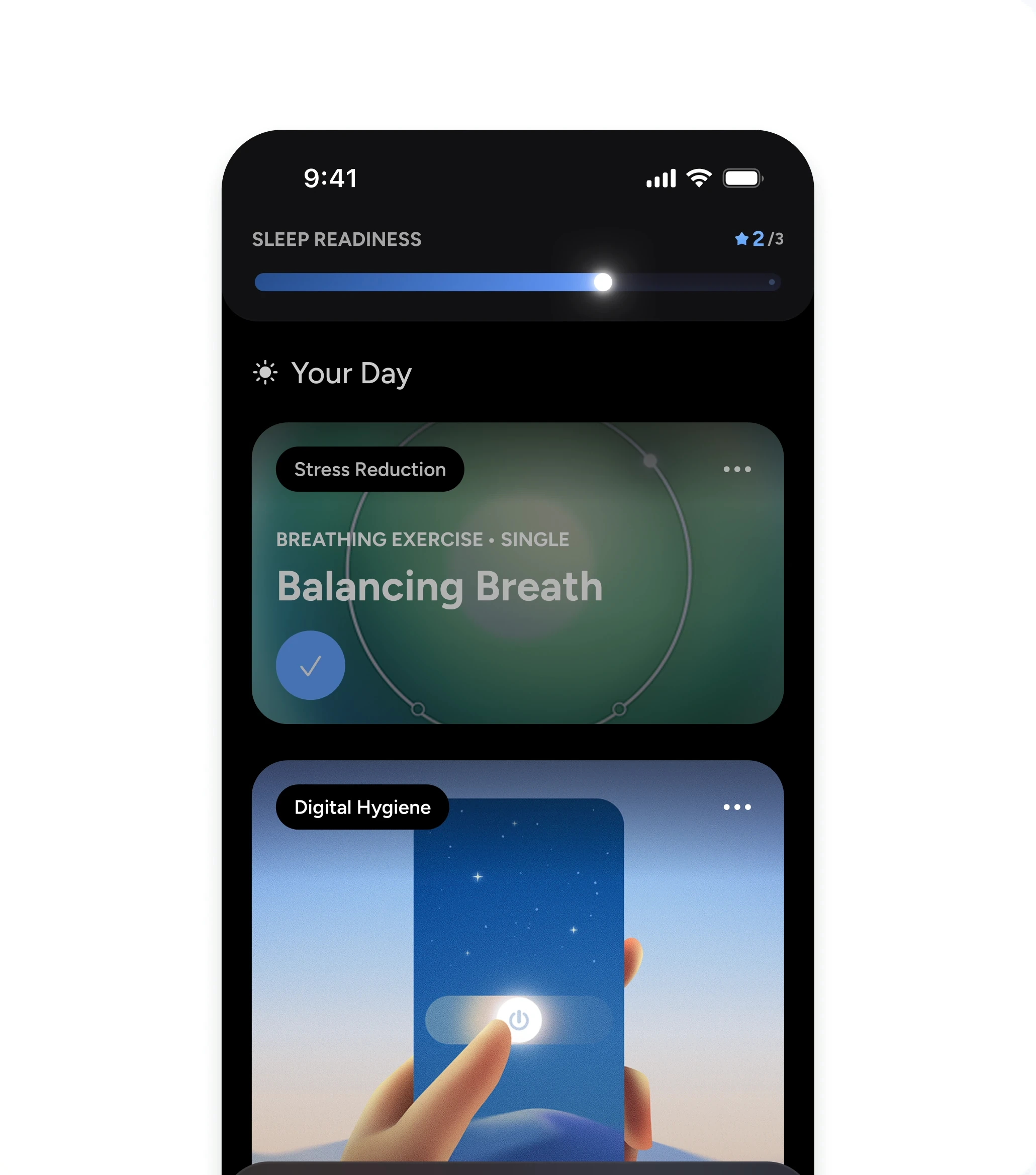 The final Your Day screen: Sleep Readiness above a short run of plan items