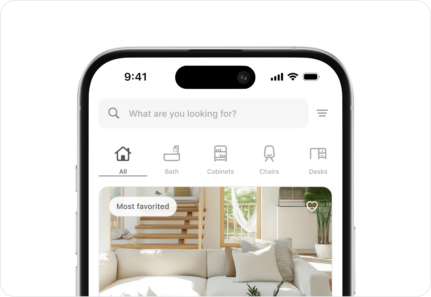 The CB2 app on a phone, browsing furniture by room with a most favorited sofa