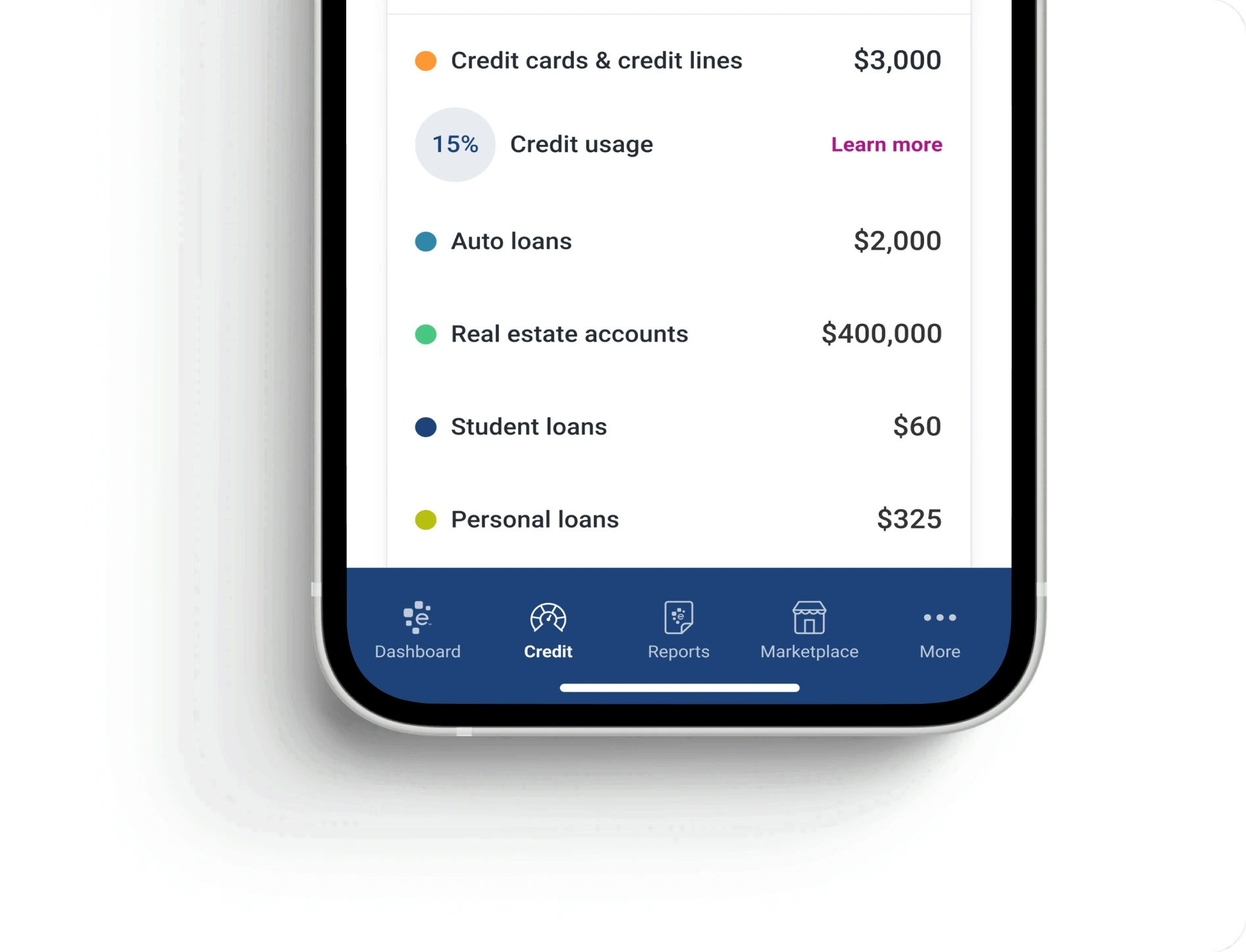 The Credit tab on a phone, showing a debt breakdown by category above the tab bar