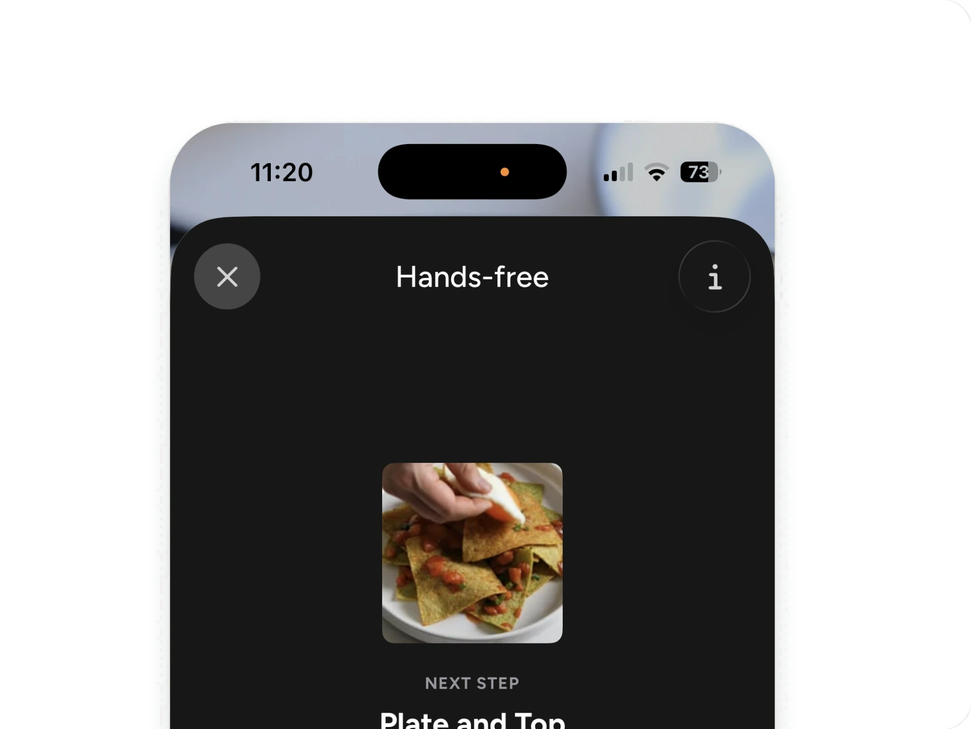 Growl's hands-free screen showing the next step, Plate and Top