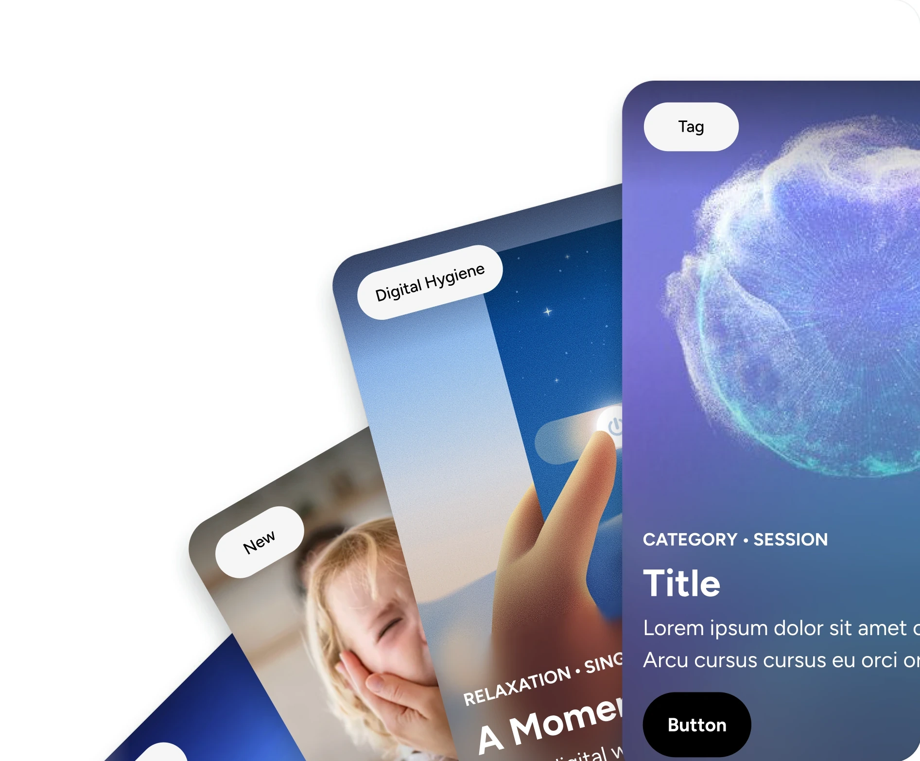 Content cards themed for different verticals, fanned out and overlapping