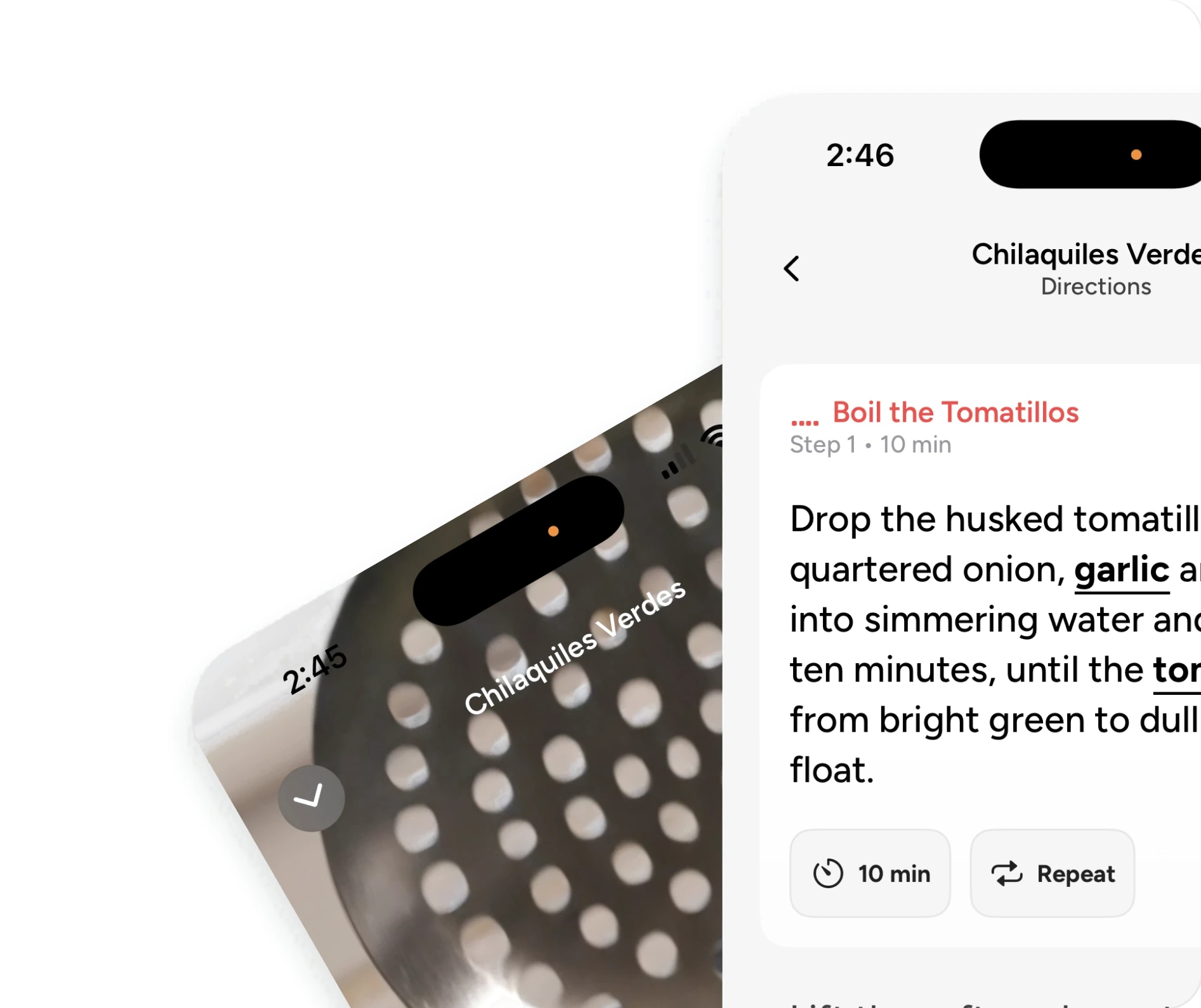 A recipe step as narrated text and as video, on two phones