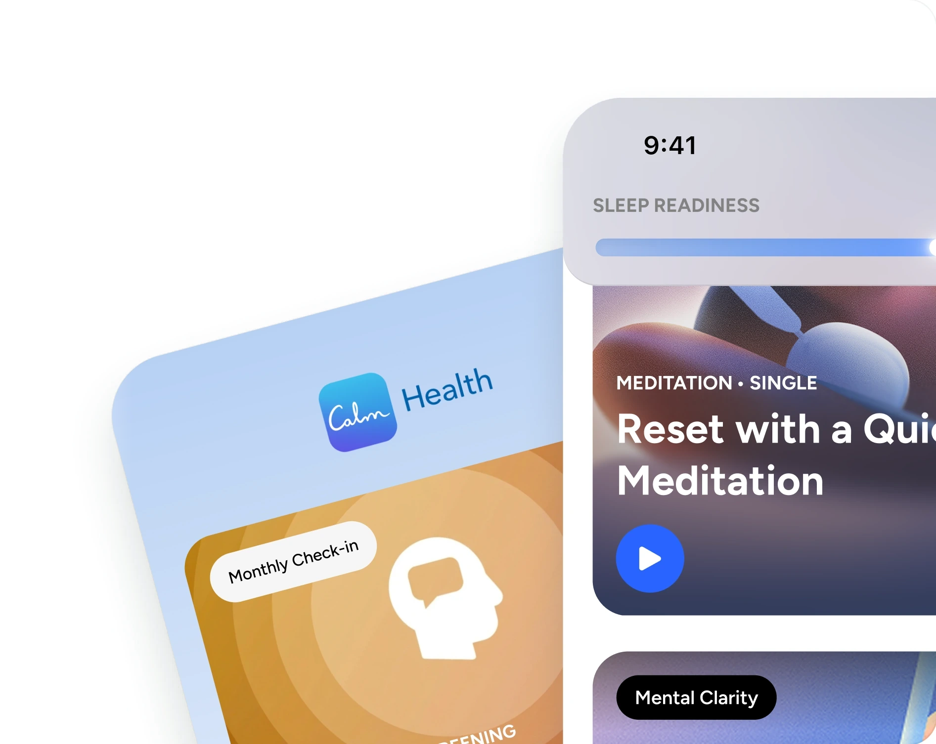 Calm Health and Calm Sleep screens side by side, both built on the foundation