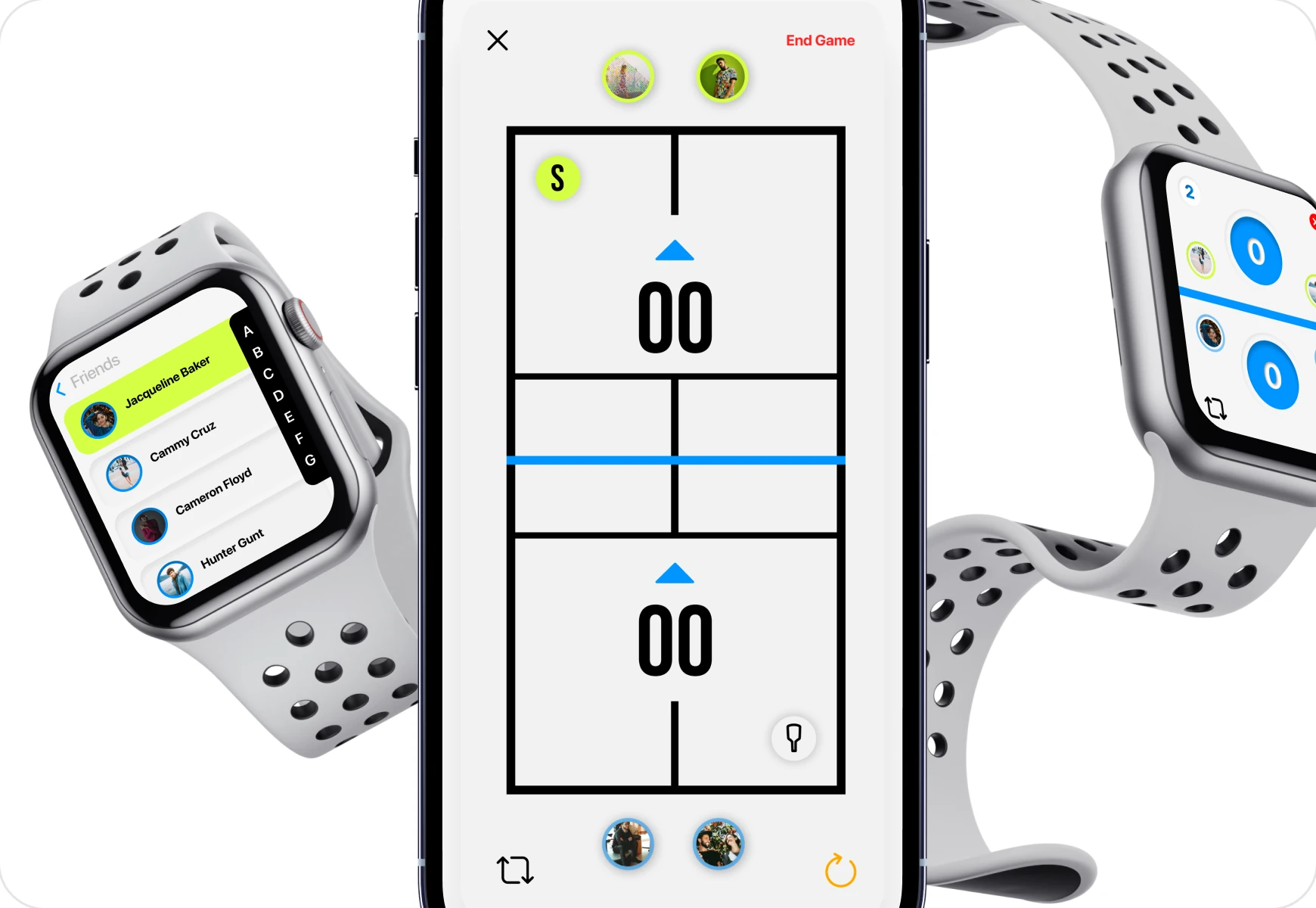 Dink's live scoreboard on a phone between two Apple Watches