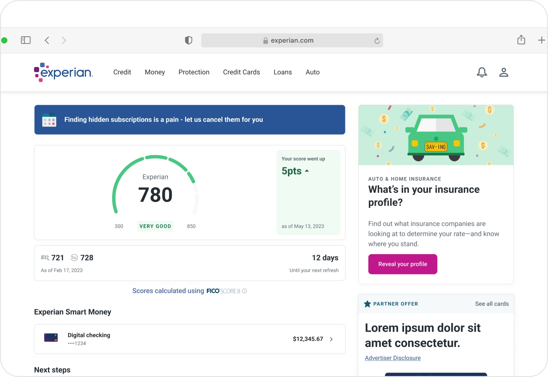 Experian's web dashboard with a 780 credit score and insurance offers