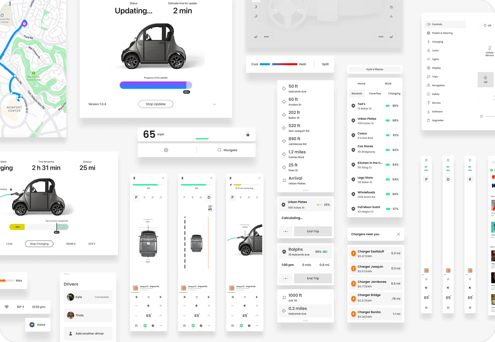 Gem Car's in-car screens and companion app: software updates, range, charging and drivers
