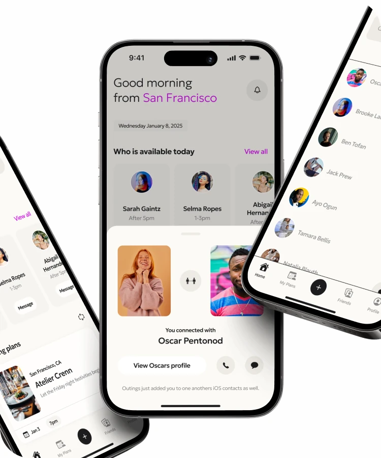 Able.ai on three phones: who's free today, a new connection and a friends list