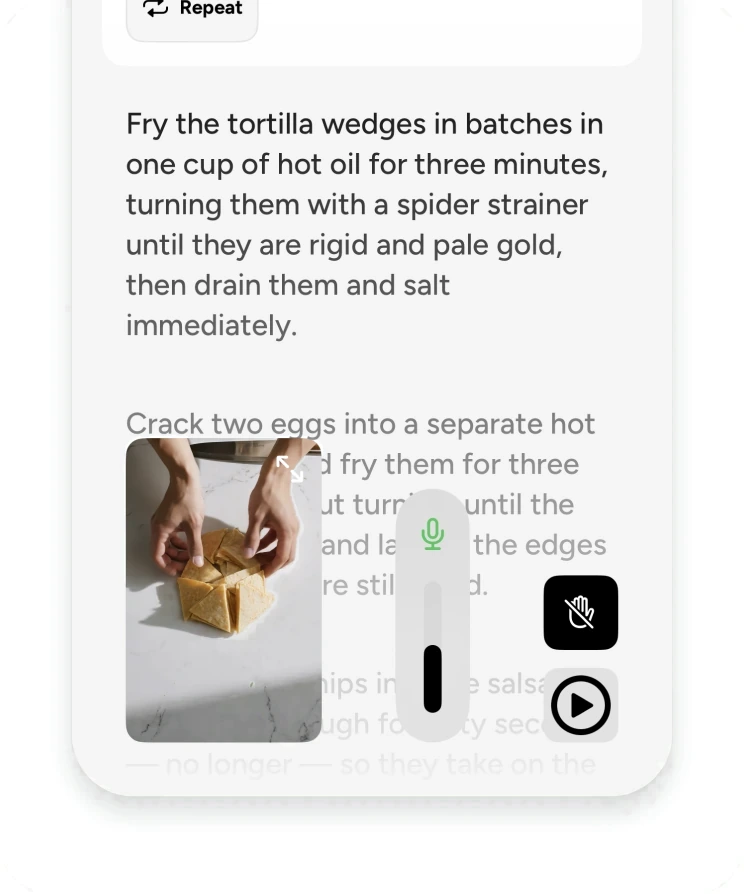 A recipe step on a phone, with the listening meter lit beside the text