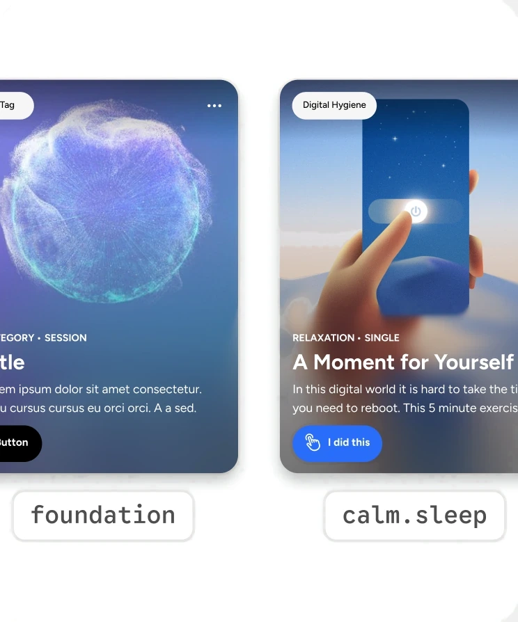 The same content card four times, themed as foundation, calm.sleep, calm.parenting and calm.fitness