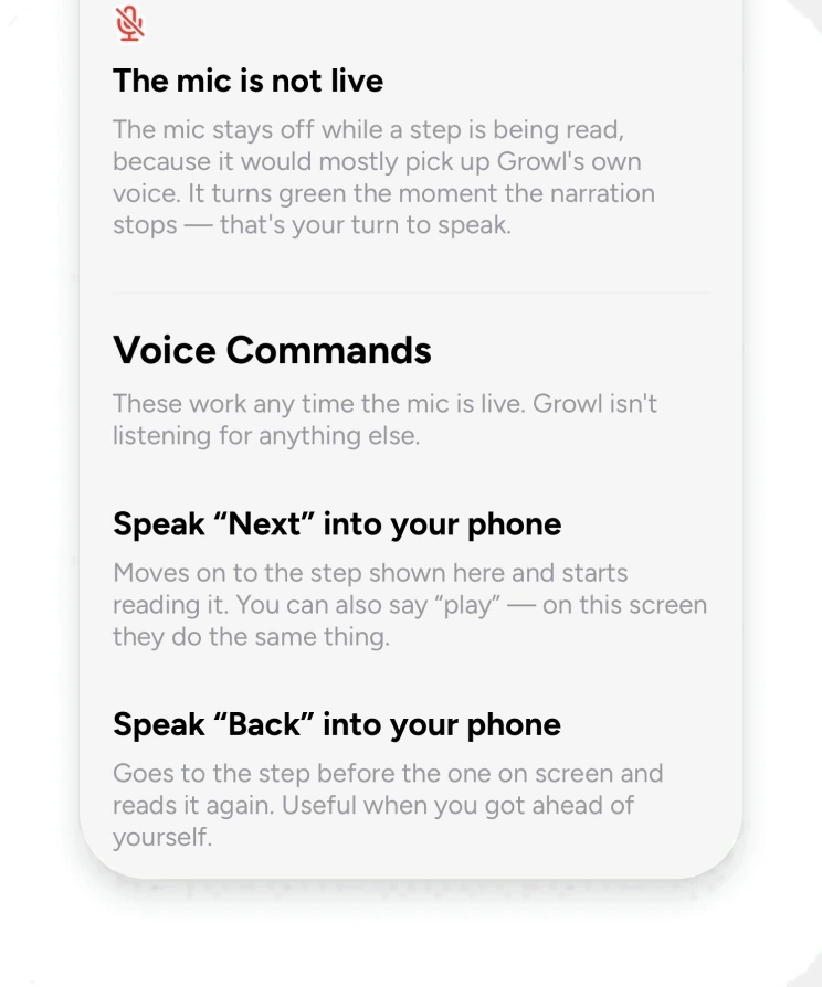 The voice commands sheet: what "next" and "back" do, and when the mic is live