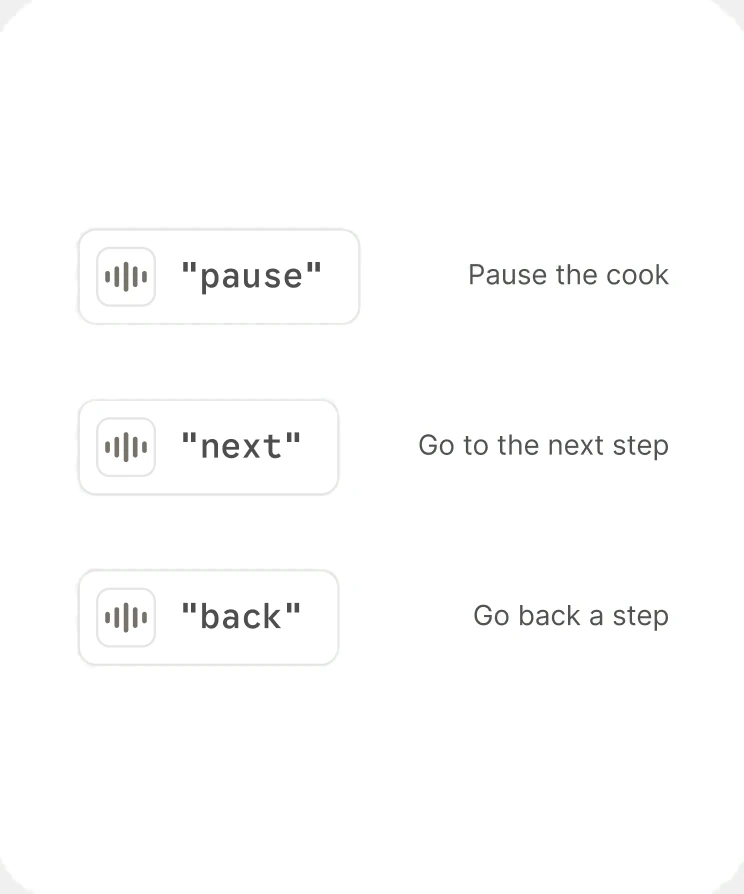 The six commands: next, back, repeat, pause, resume and timer