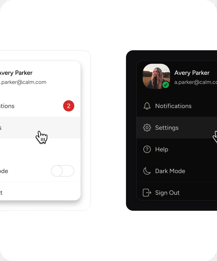 The same account menu in light and in dark