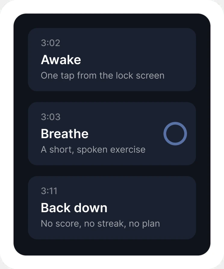 The 3am flow: awake, then a short spoken breathing exercise, then back down