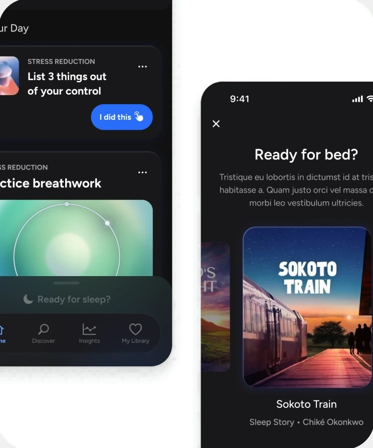 The Ready for bed sheet pulled up over Calm Sleep's Home screen