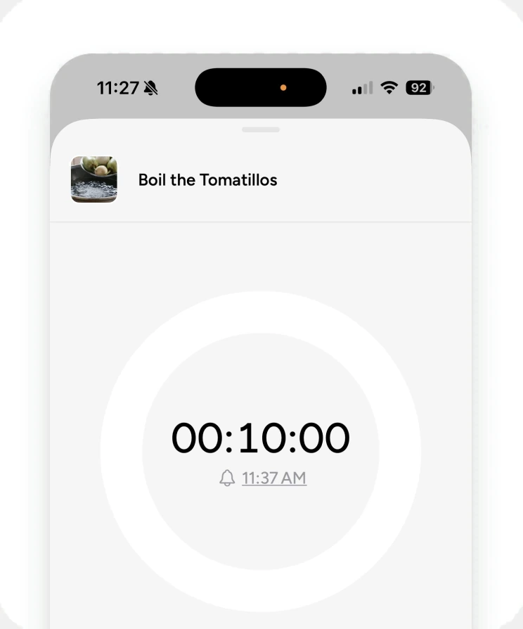 A step's timer sheet for Boil the Tomatillos, counting down from 10 minutes and showing when it ends