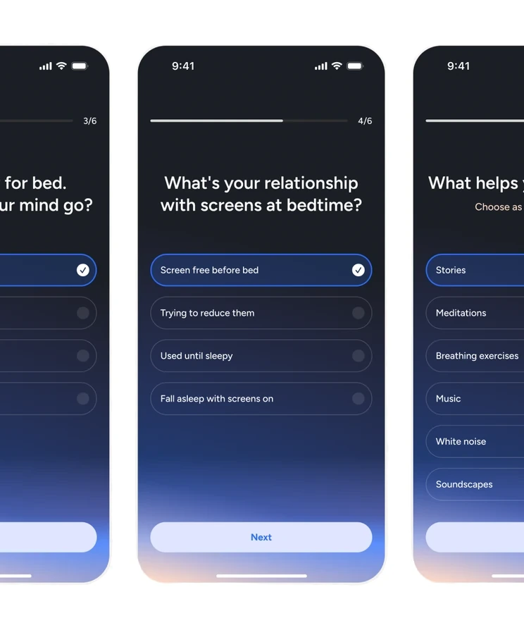 Five onboarding questions, from where your mind goes at bedtime to what helps you fall asleep