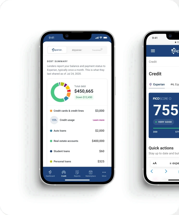 The Credit tab on iPhone, mobile web and Android, each showing the bureau switcher