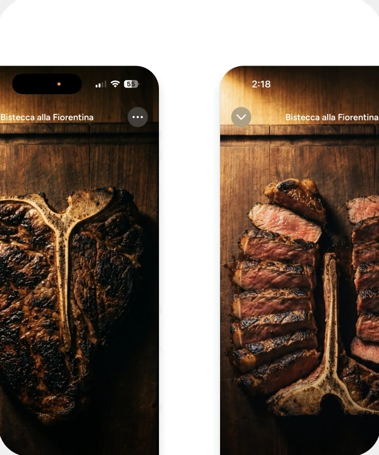 A steak shown as two stills, whole and then sliced