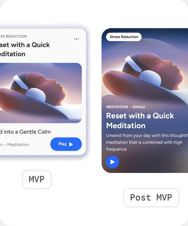 The MVP card with its text beside the image, and the post-MVP card with the text over a full-bleed image and an adaptive scrim