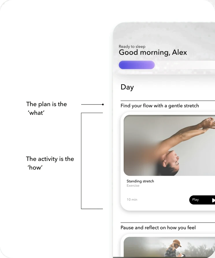 A mid-fidelity plan screen, annotated: the plan is the what, the activity is the how