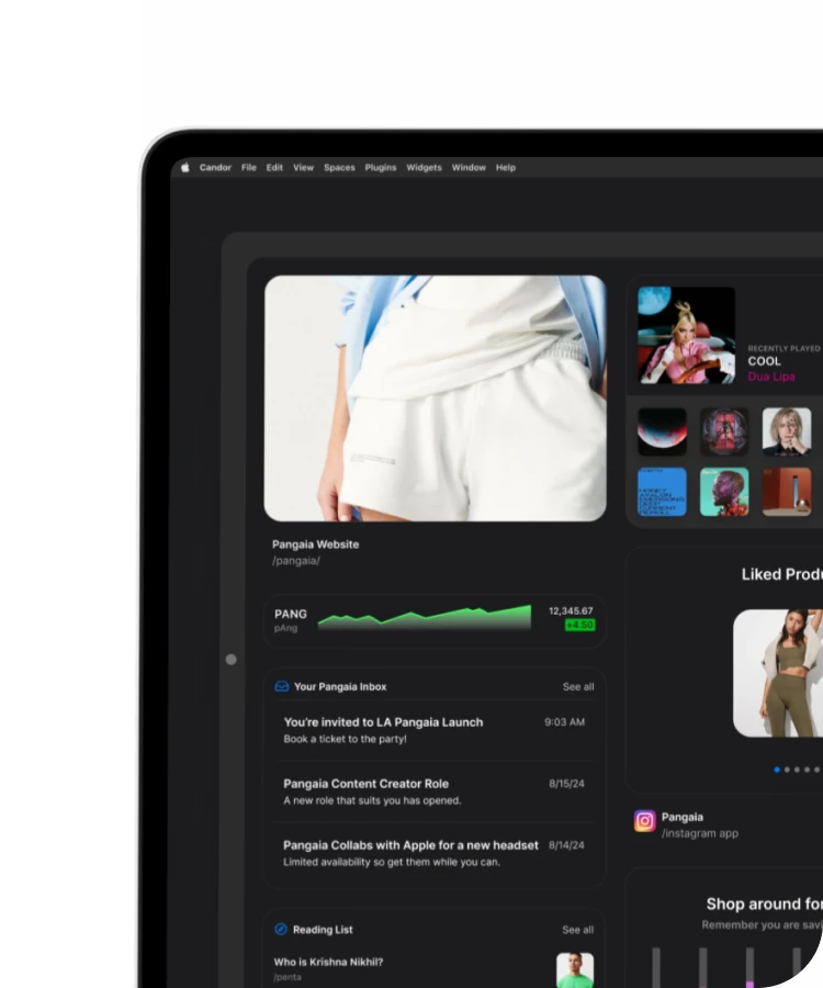 Candor, a dark browser window open on a store, with an inbox and liked products