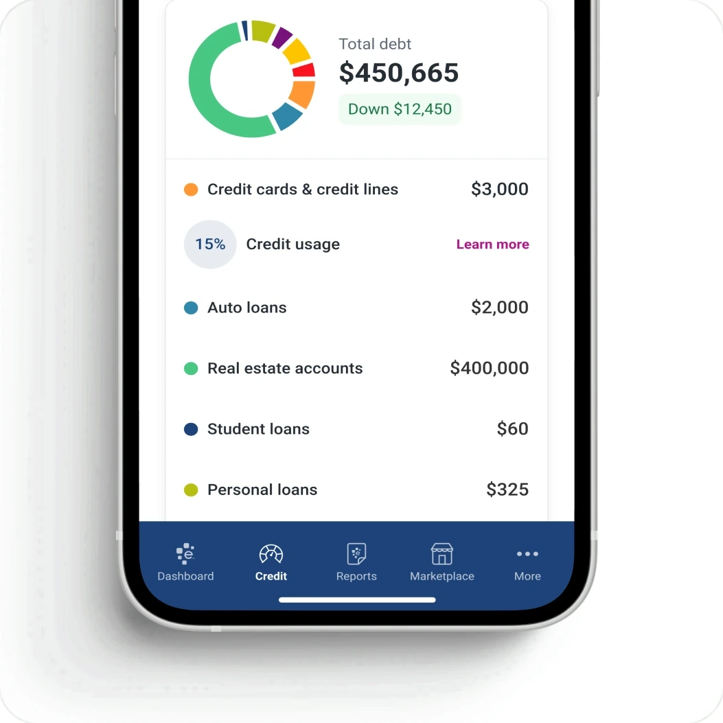 The Credit tab on a phone, showing a debt breakdown by category above the tab bar
