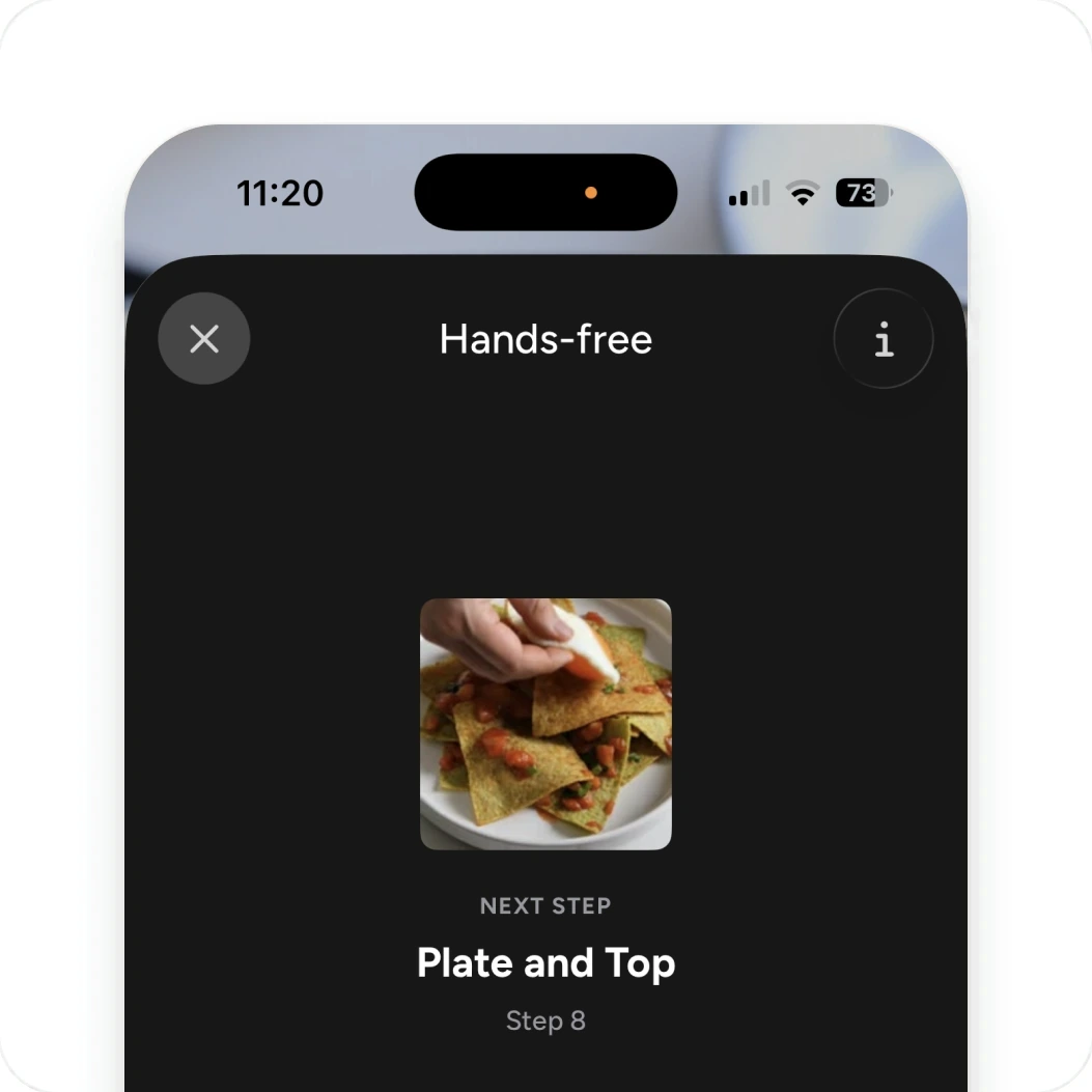 Growl's hands-free screen showing the next step, Plate and Top