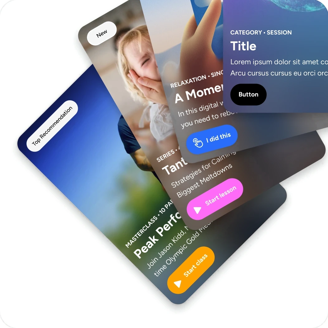 Content cards themed for different verticals, fanned out and overlapping