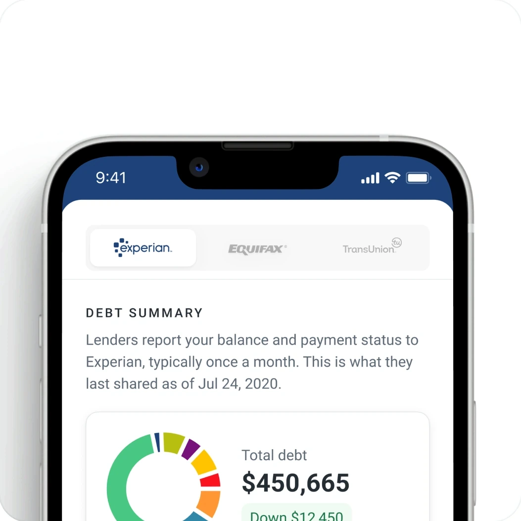 The Credit tab with the bureau switcher pinned above the debt summary