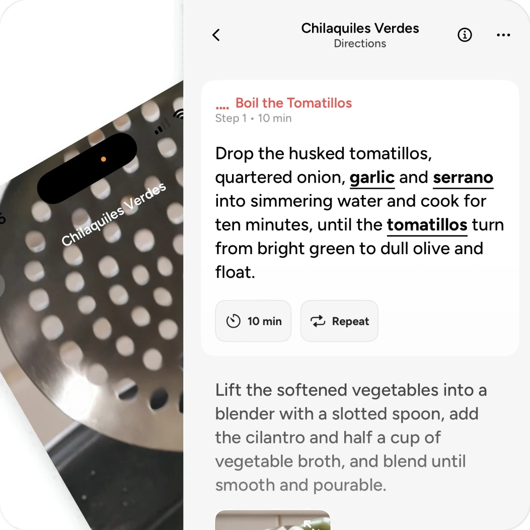 A recipe step as narrated text and as video, on two phones