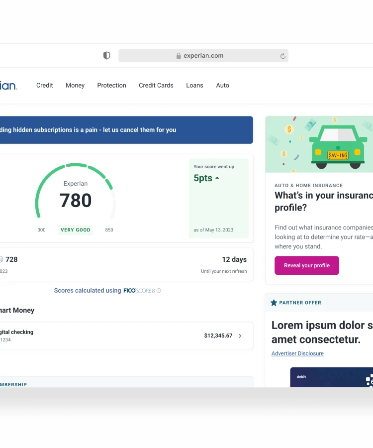 Experian's web dashboard with a 780 credit score and insurance offers