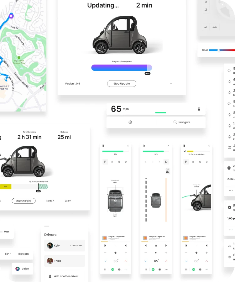 Gem Car's in-car screens and companion app: software updates, range, charging and drivers