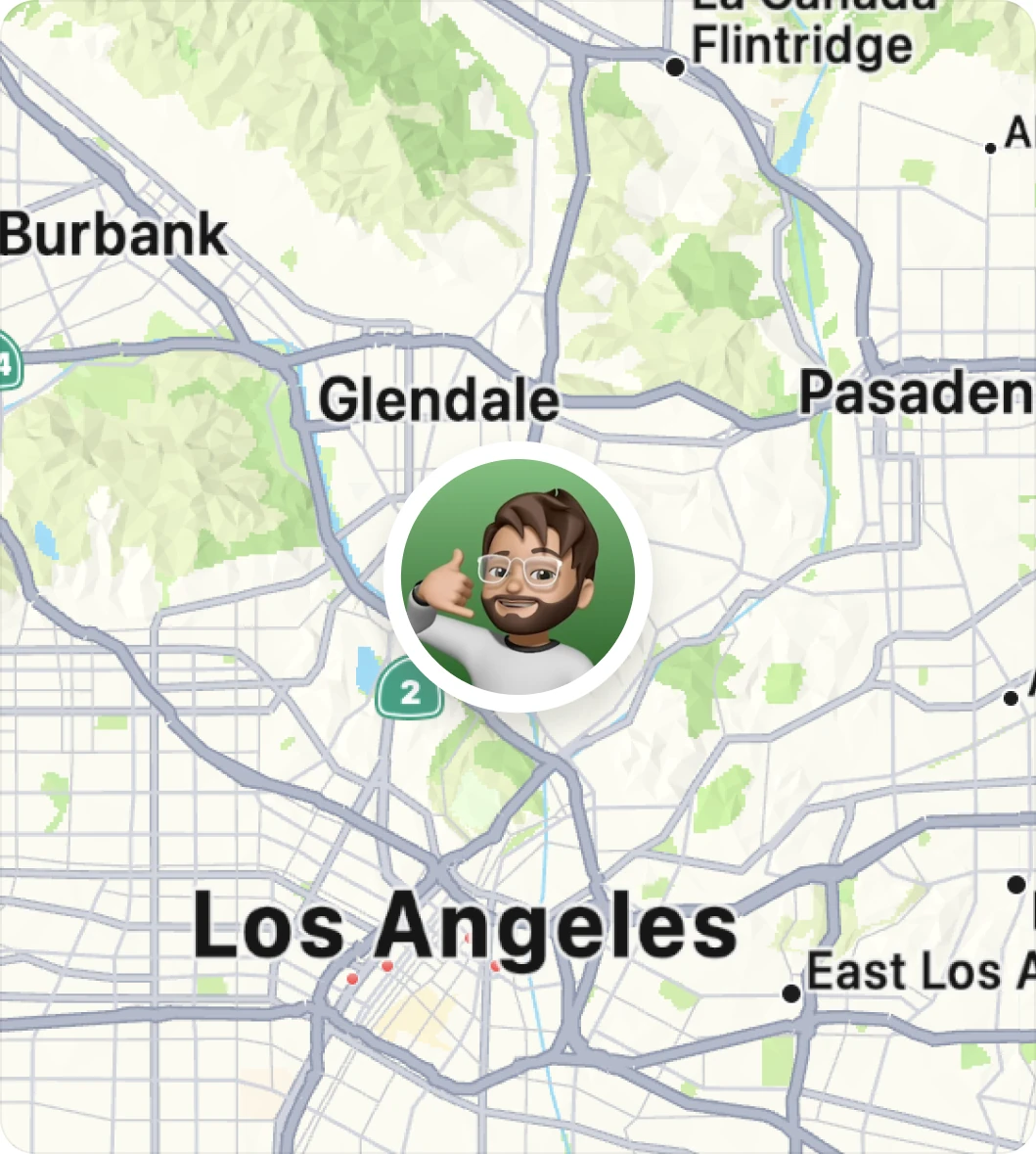 A map of Los Angeles, with Eric's avatar pinned near Glendale