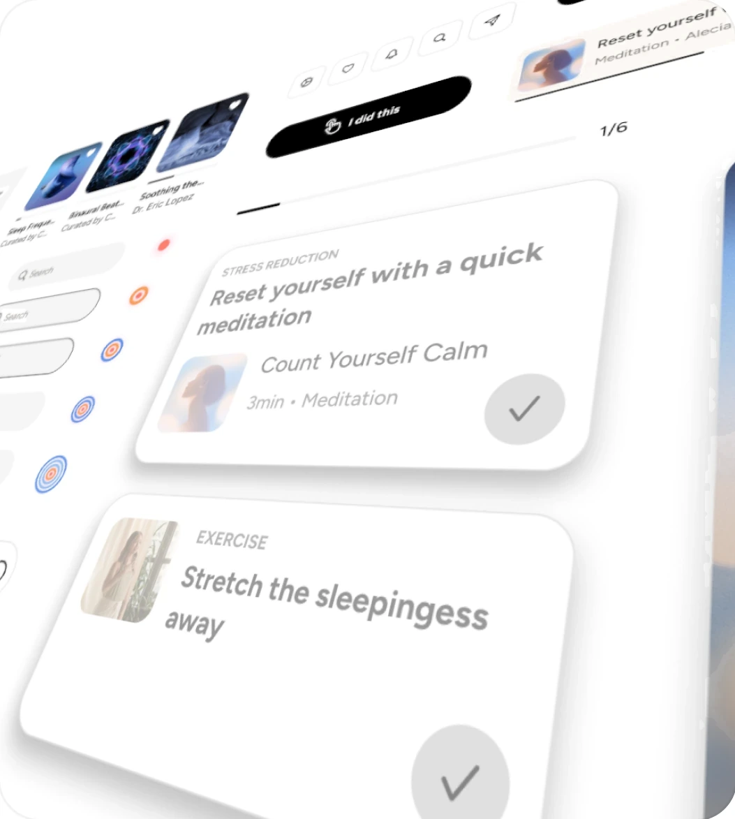 Calm Sleep cards and session rows, tilted in perspective
