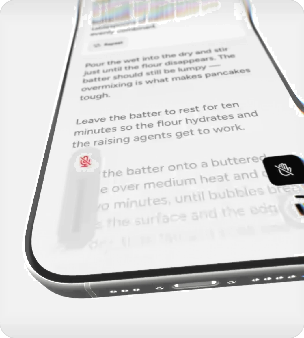 A Growl recipe step on a phone, with the listening meter beside the text