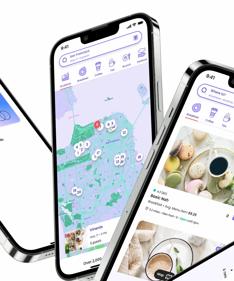 Outings on four phones: a map of San Francisco, places to go and a group plan