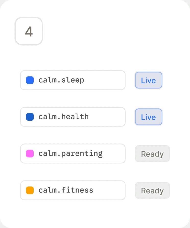 calm.sleep and calm.health live; calm.parenting and calm.fitness ready