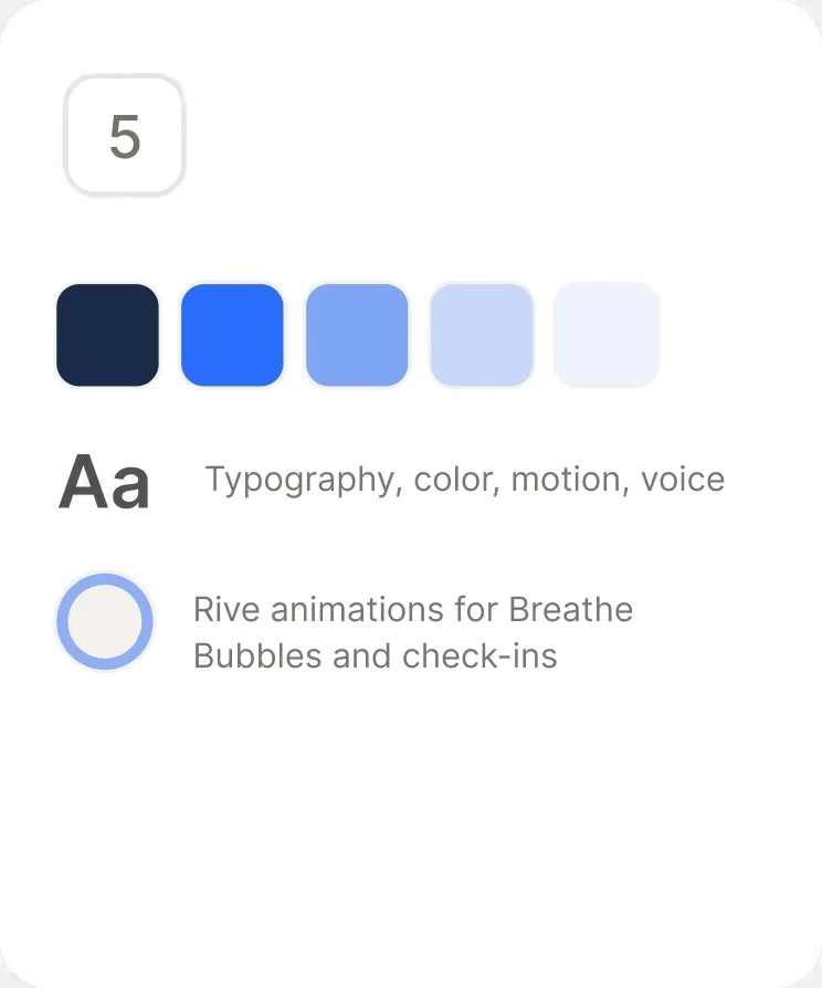 The palette, type, and Rive animations for Breathe Bubbles and check-ins